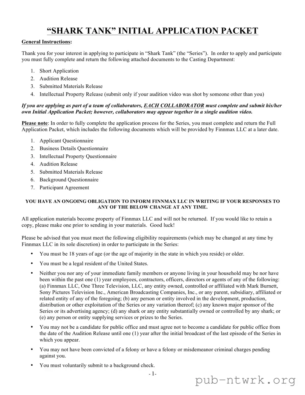 Blank Shark Tank Application PDF Form