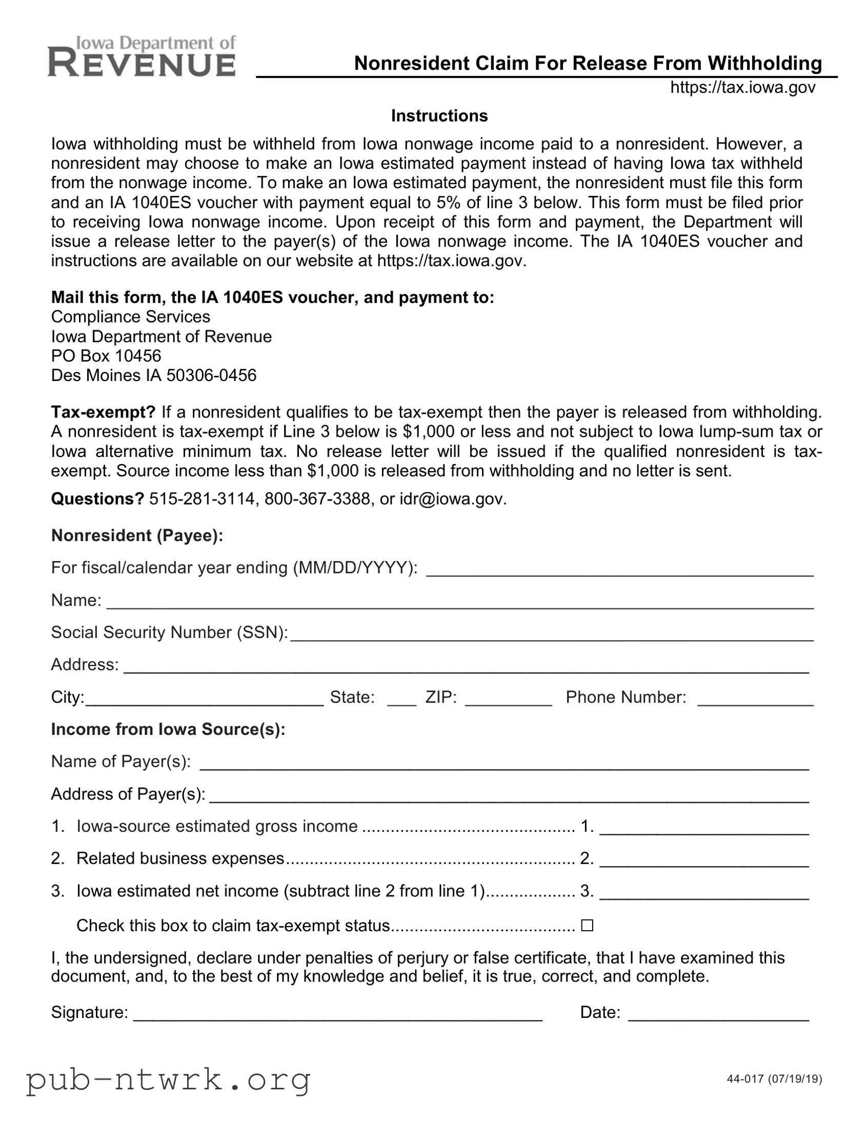 Blank Iowa 44 017B PDF Form