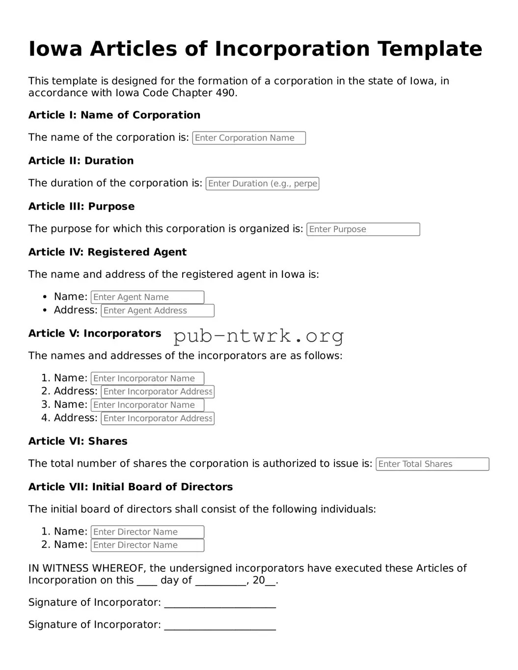 Free Iowa Articles of Incorporation Form