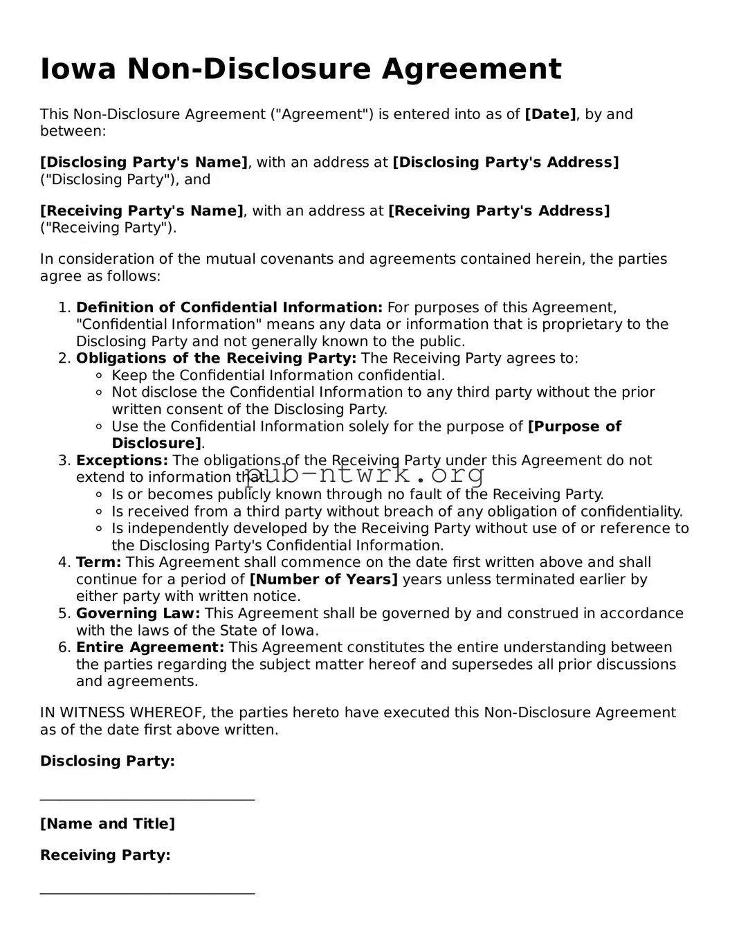 Free Iowa Non-disclosure Agreement Form