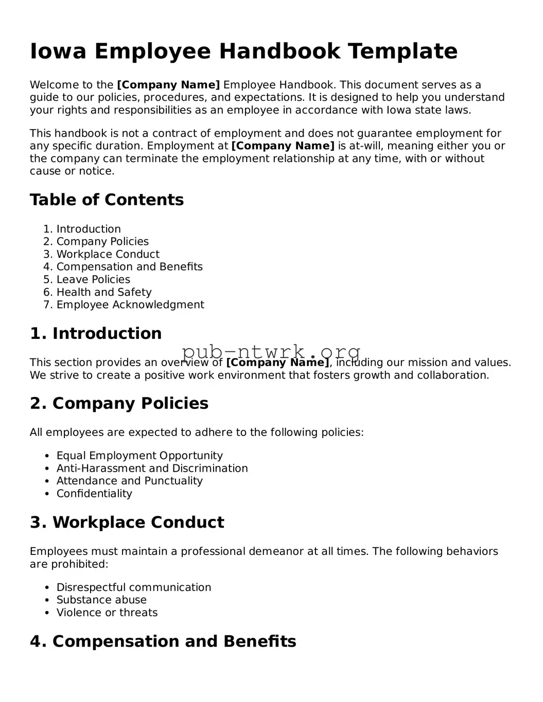 Free Iowa Employee Handbook Form