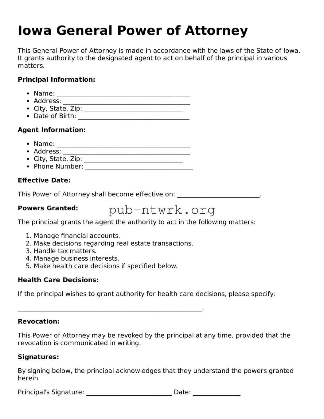 Free Iowa General Power of Attorney Form