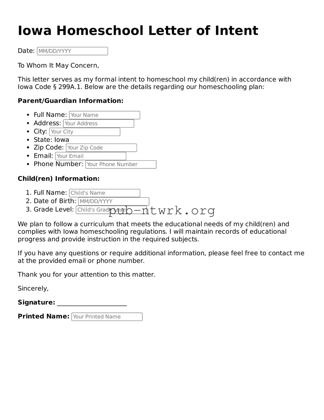 Free Iowa Homeschool Letter of Intent Form