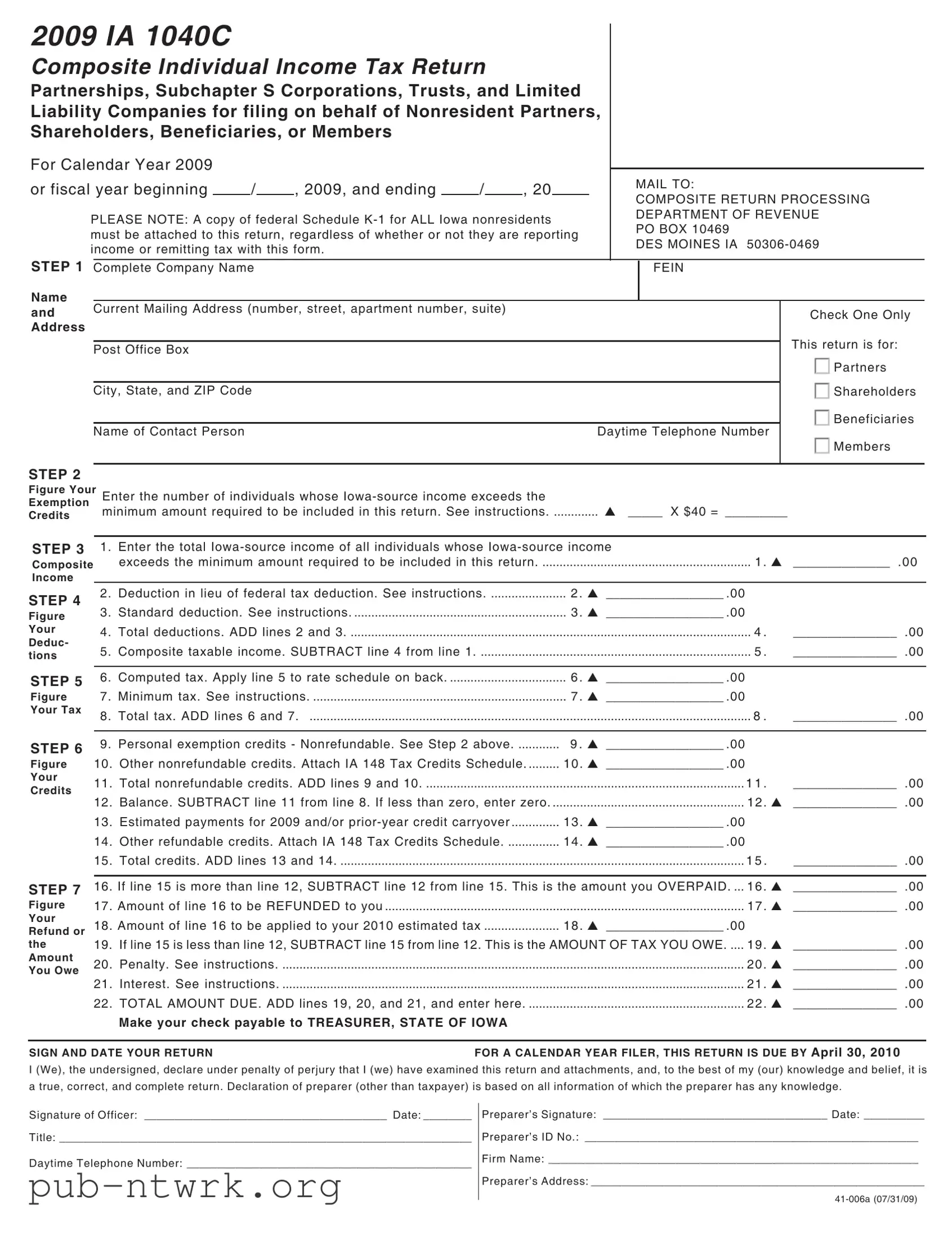 Blank Iowa Ia 1040C PDF Form