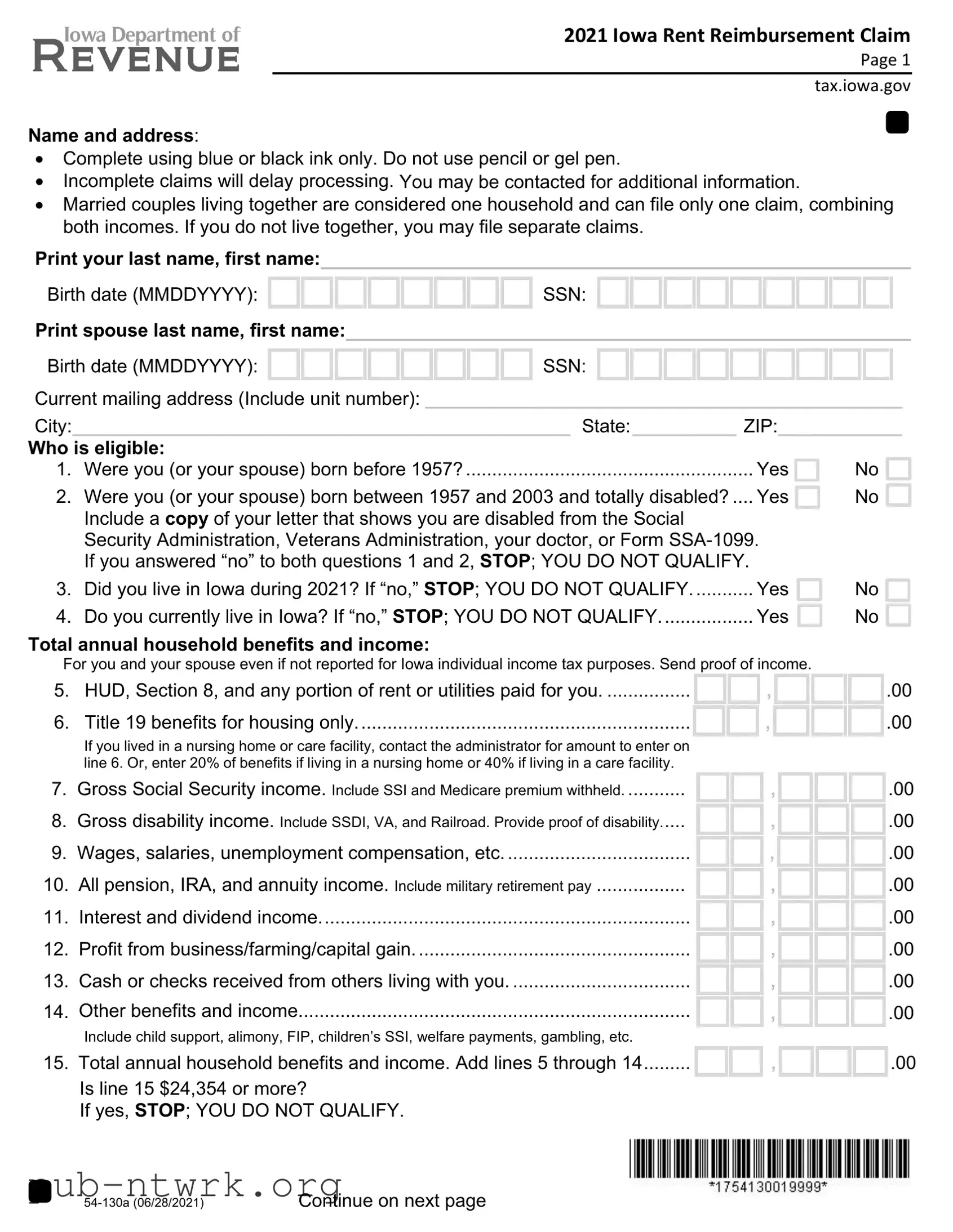 Blank Iowa Renters Rebate PDF Form