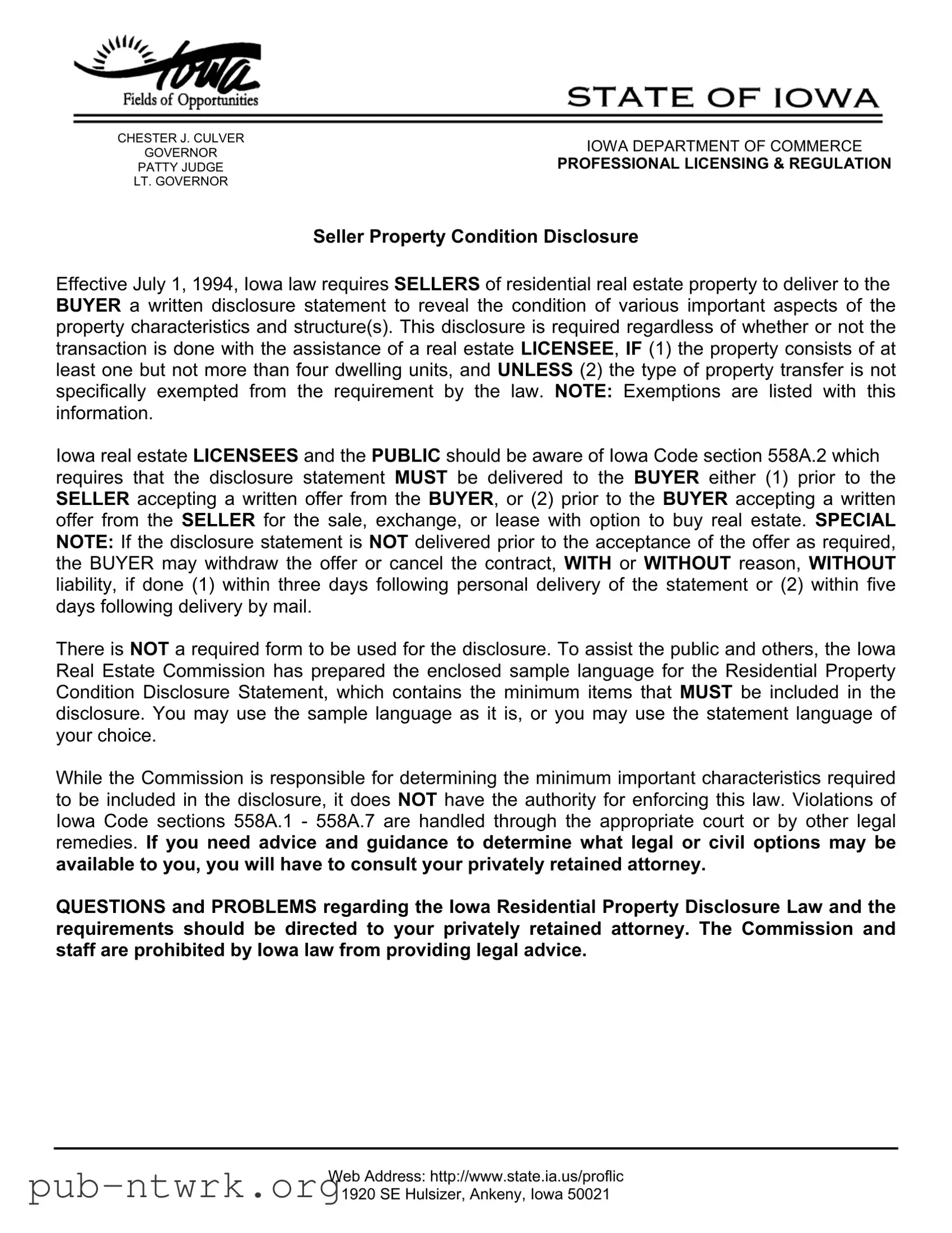 Blank Iowa Seller Disclosure PDF Form