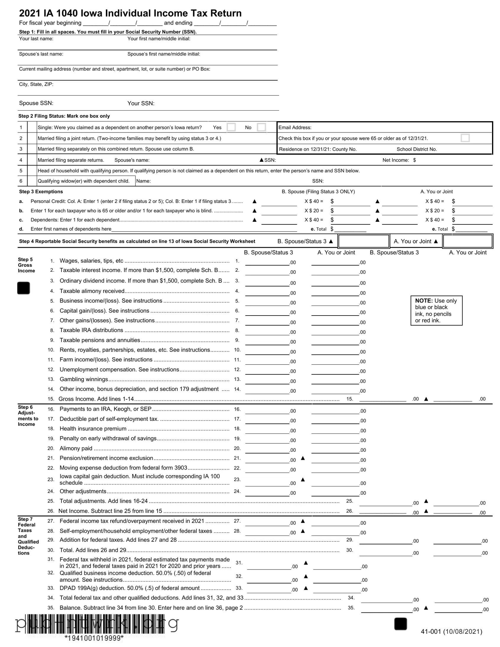 Blank Iowa Income Tax PDF Form