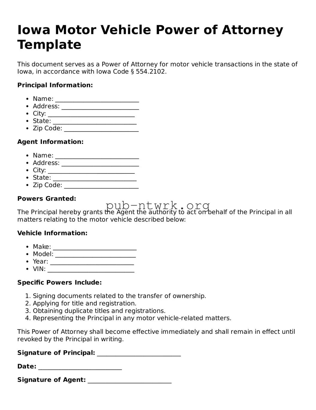 Free Iowa Motor Vehicle Power of Attorney Form