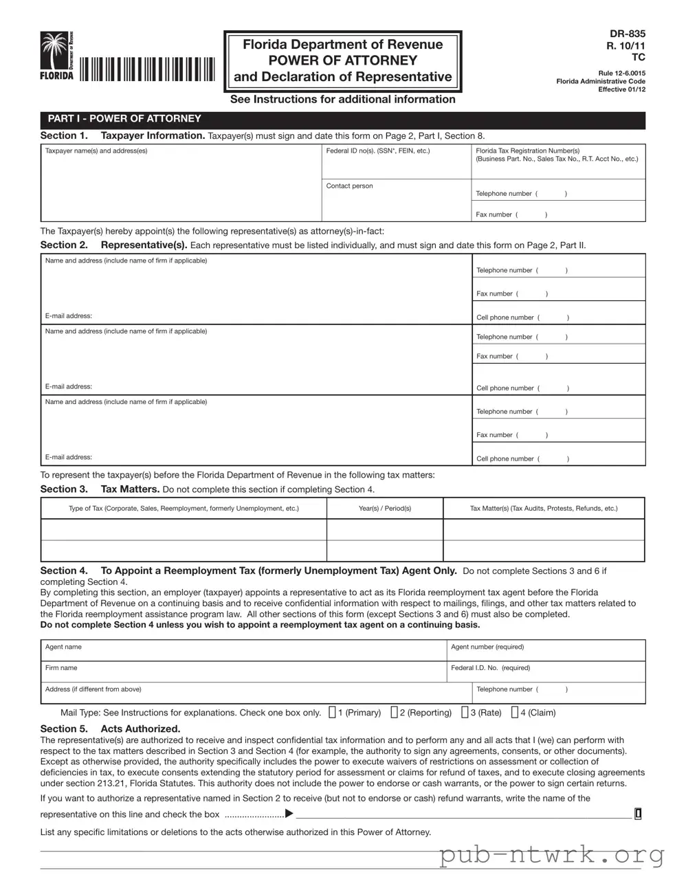 Blank Tax POA dr 835 PDF Form