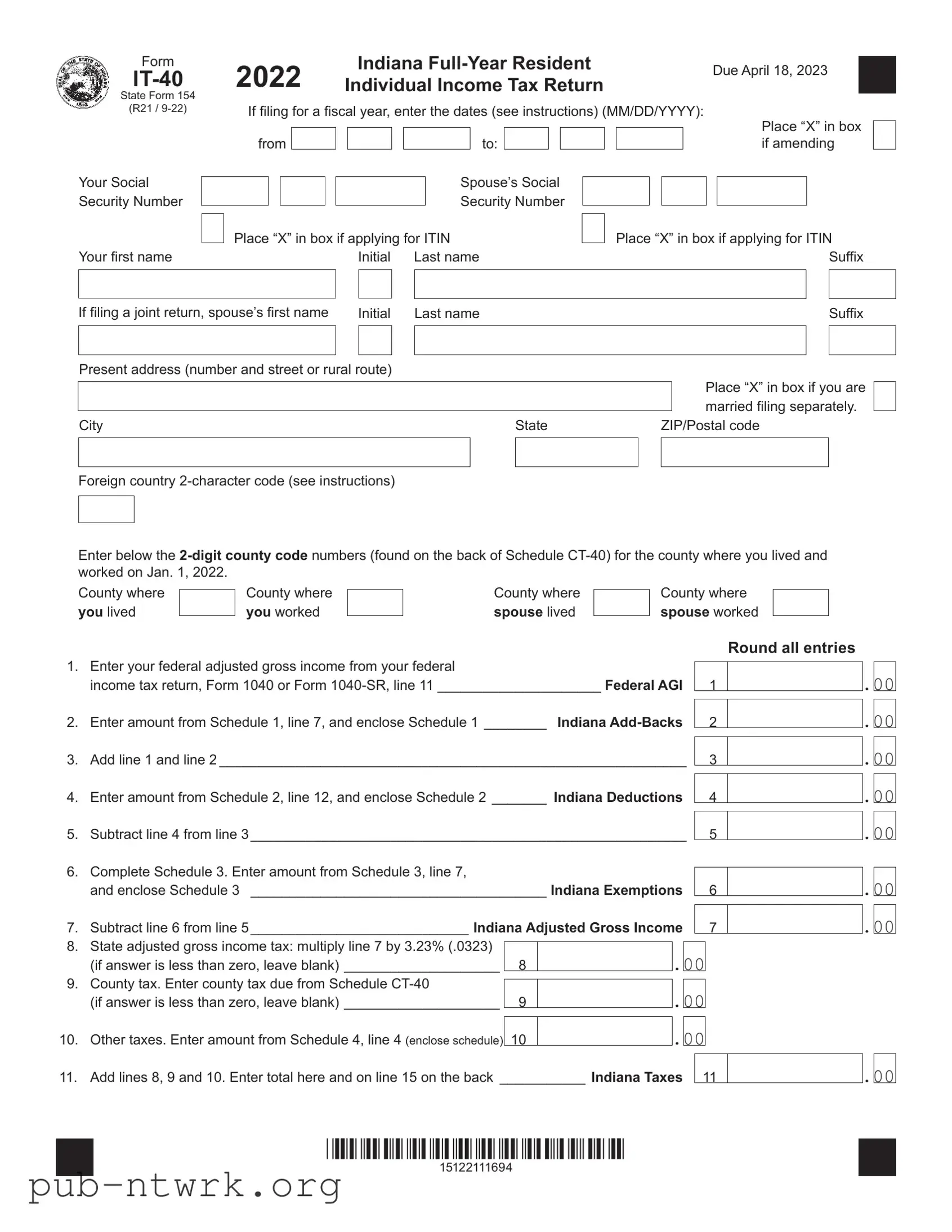 Blank Indiana It 40 PDF Form