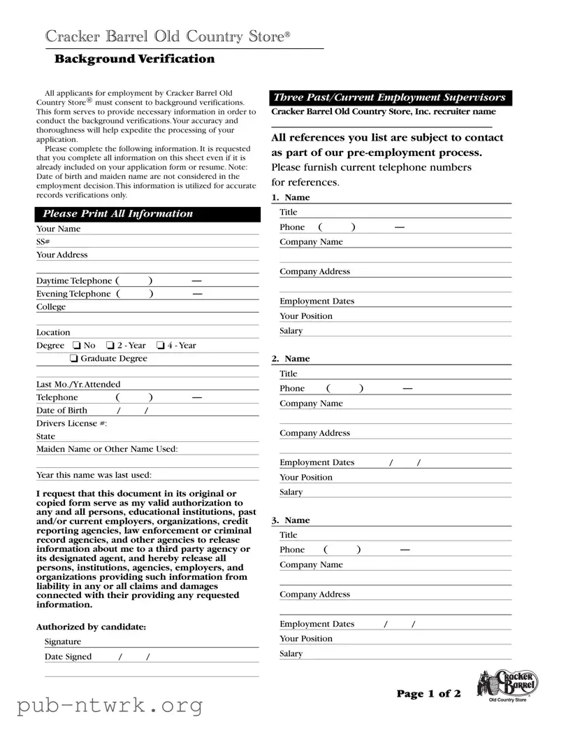 Blank Cracker Barrel Background Check PDF Form