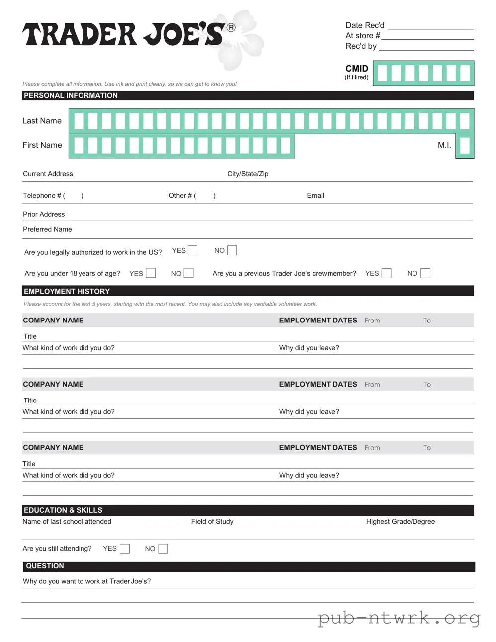 Blank Trader Joe's application PDF Form