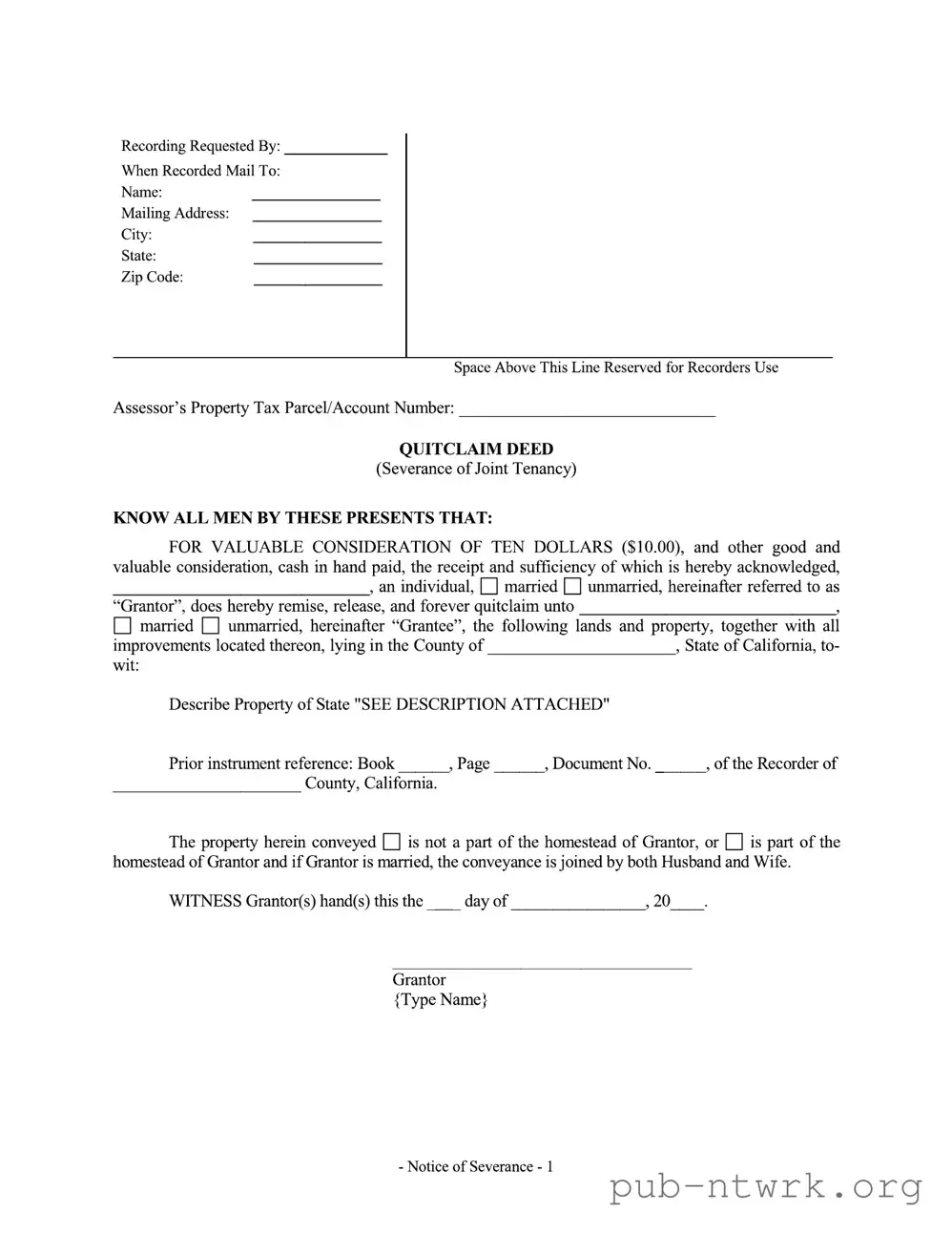 Blank Notice Of Severance Of Joint Tenancy California Divorce PDF Form