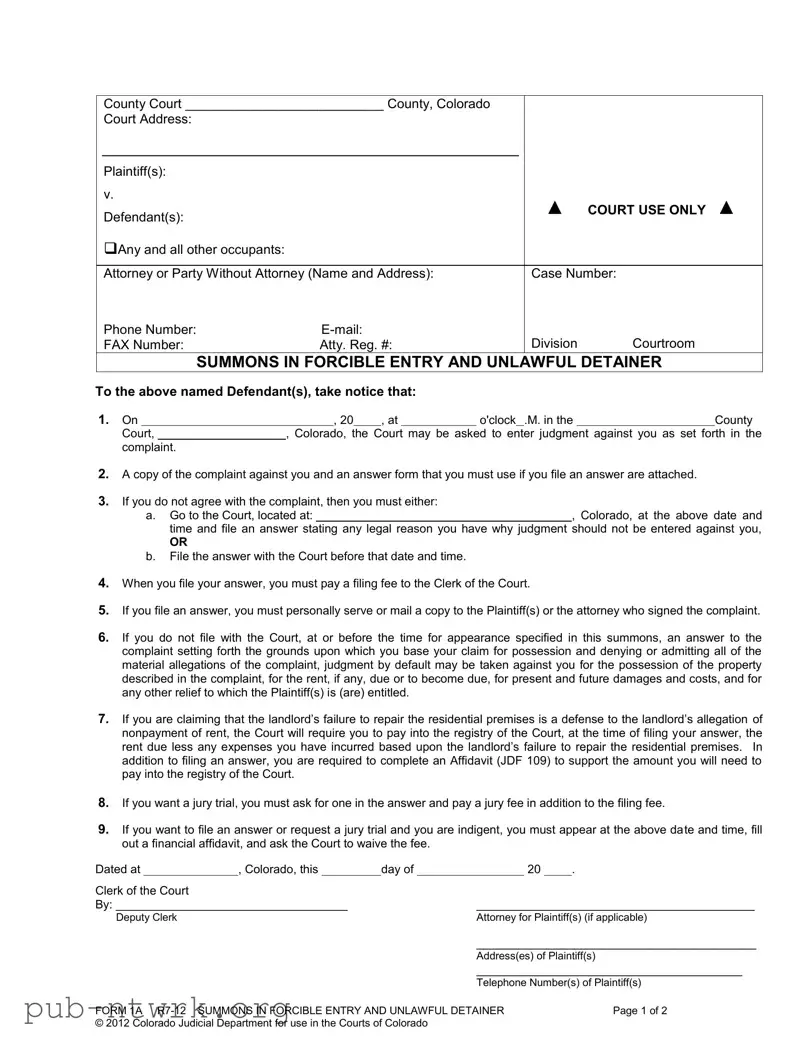 Blank Colorado Summons PDF Form