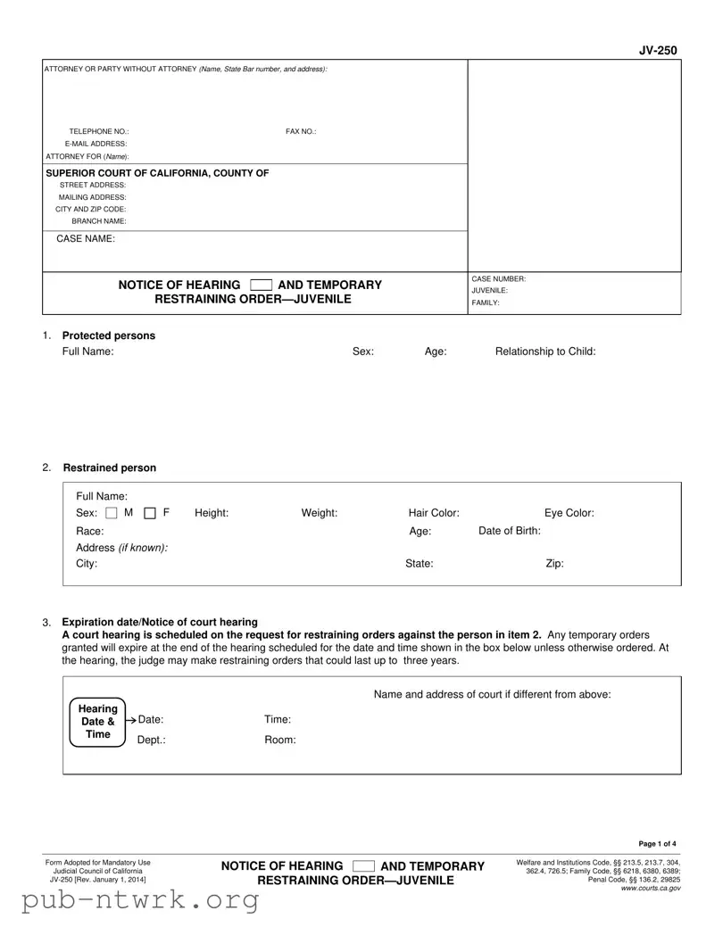 Blank California Jv 250 PDF Form