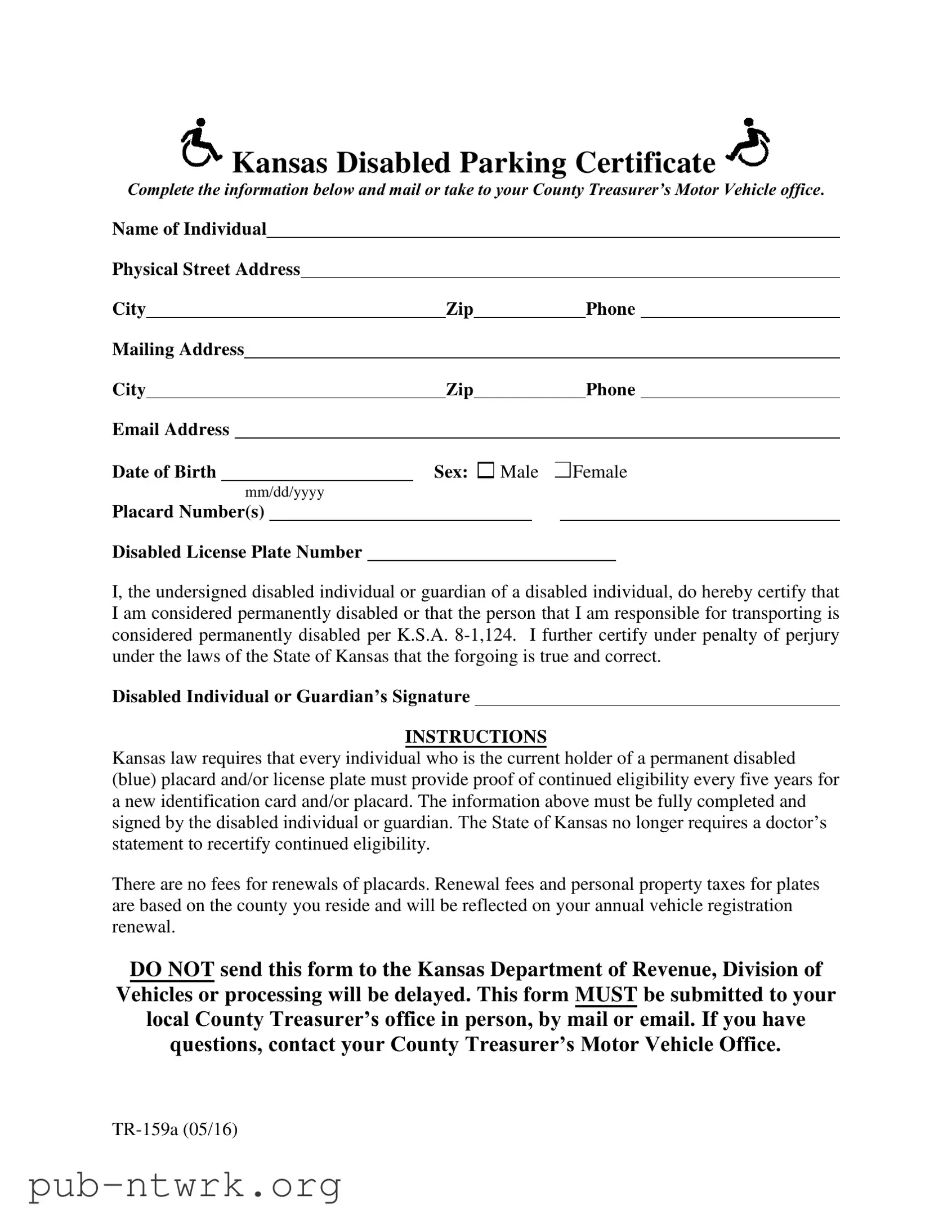 Blank Kansas Disabled Parking PDF Form