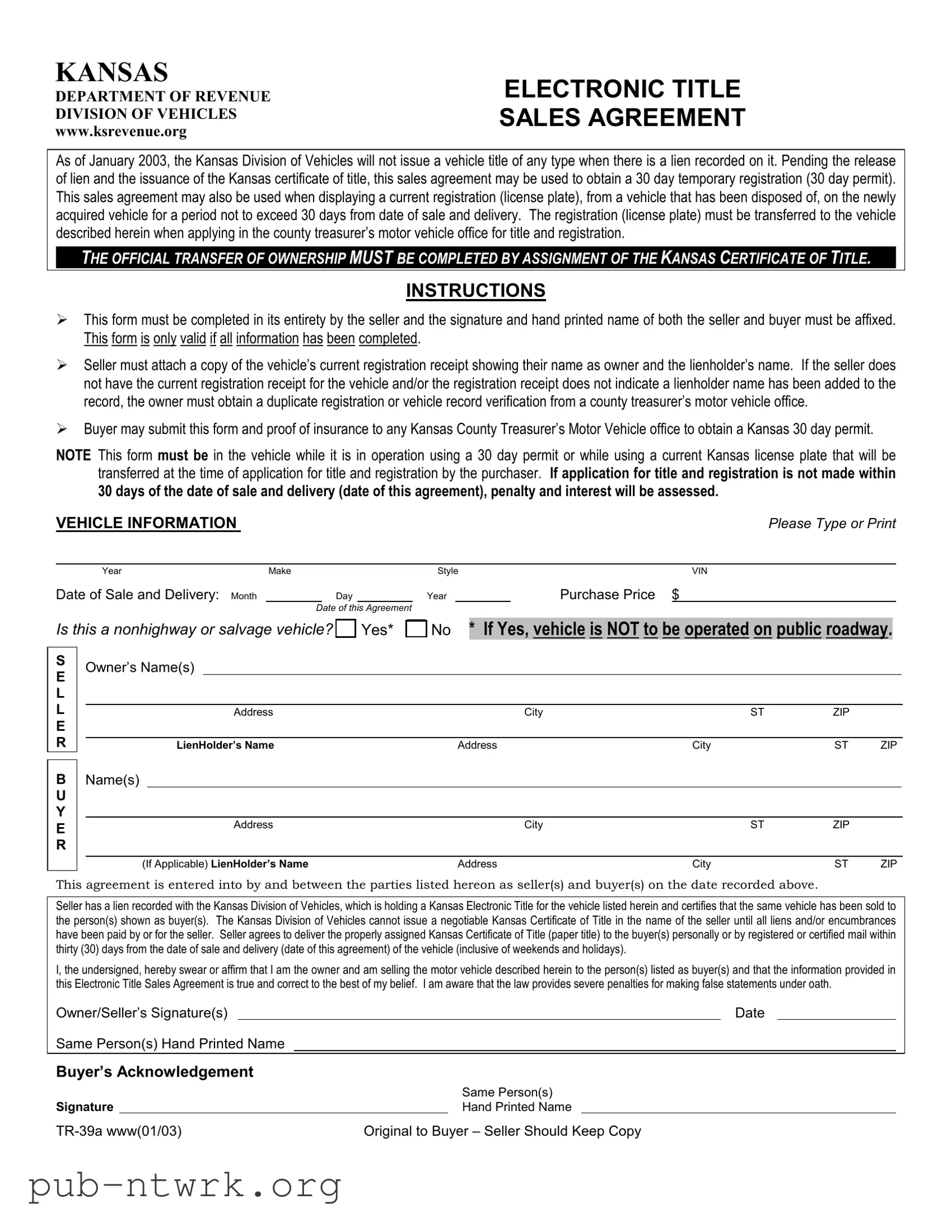 Blank Kansas Tr 39A PDF Form