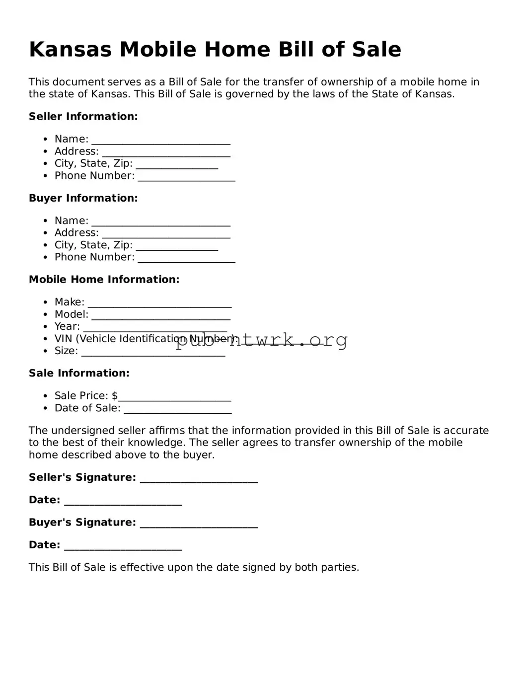 Free Kansas Mobile Home Bill of Sale Form