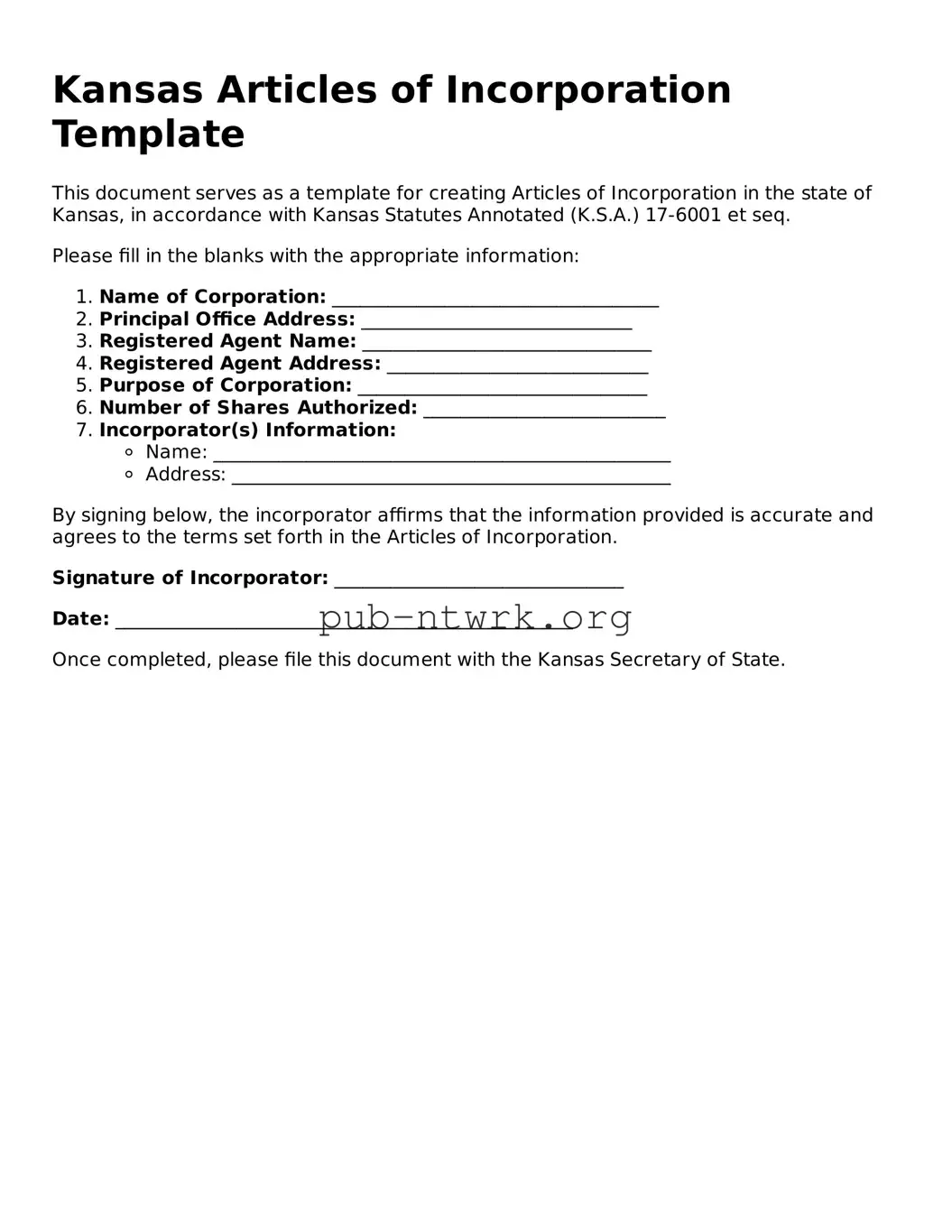 Free Kansas Articles of Incorporation Form