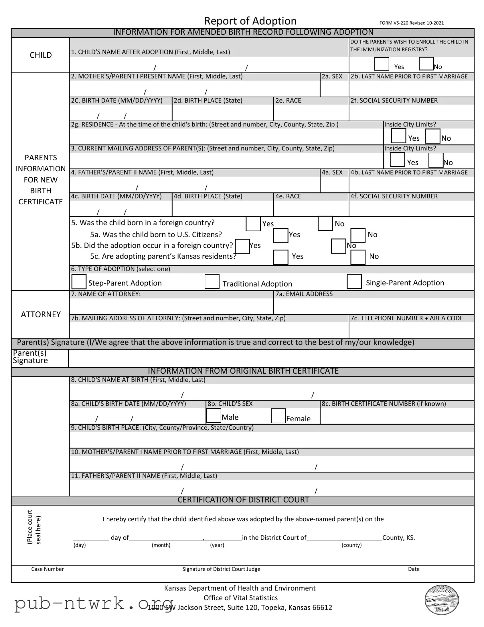 Blank Kansas Report Of Adoption PDF Form