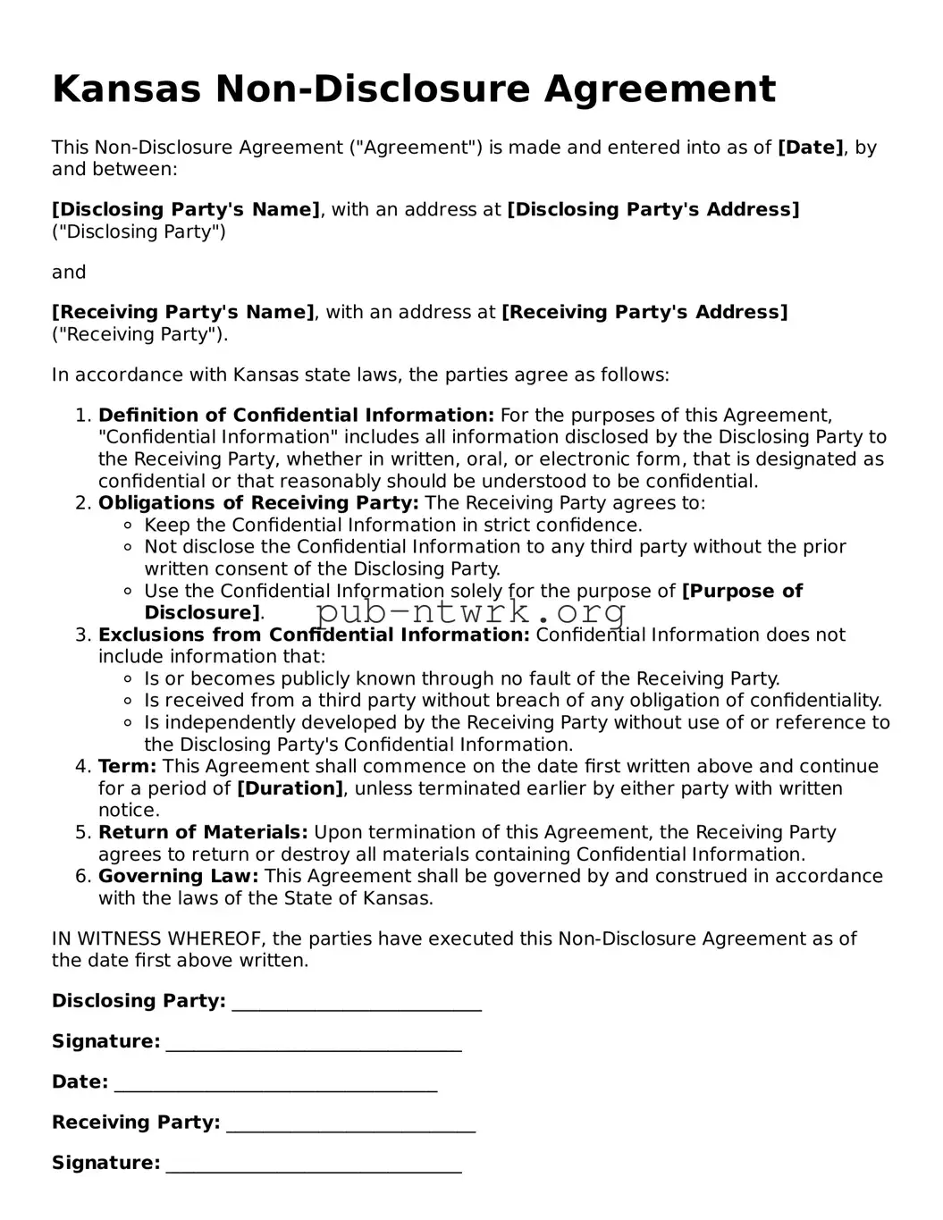 Free Kansas Non-disclosure Agreement Form