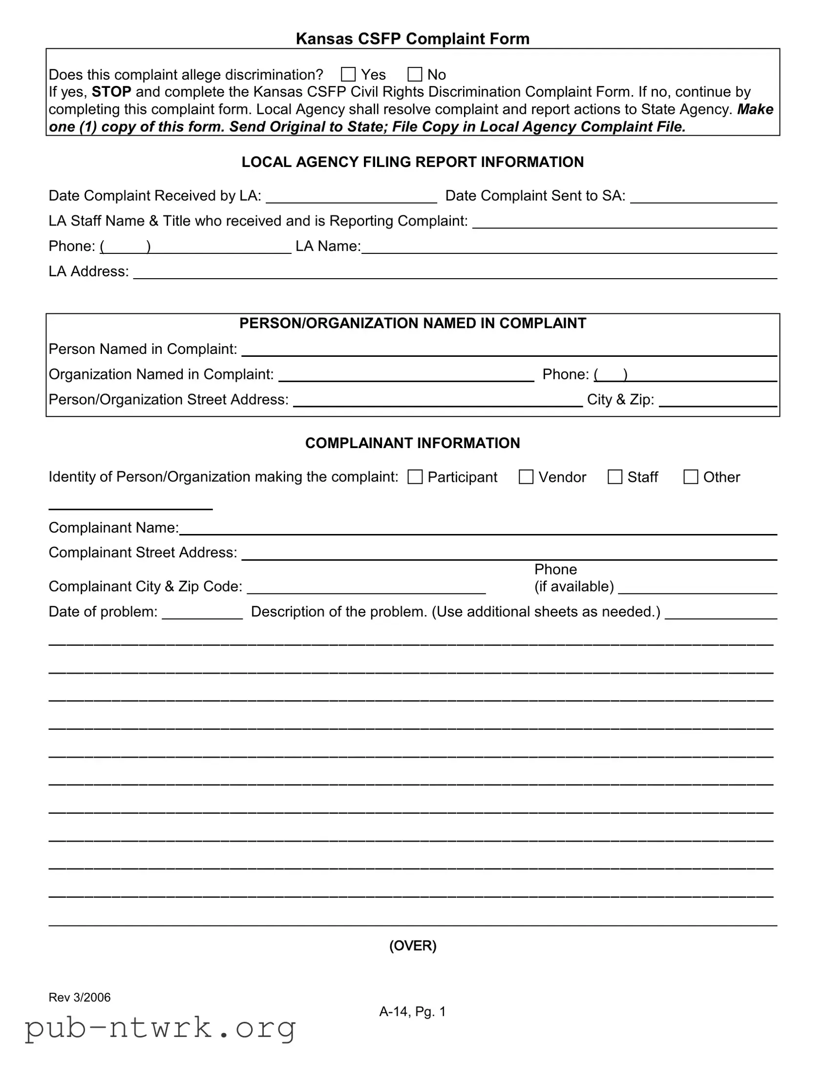 Blank Kansas Csfp Complaint PDF Form