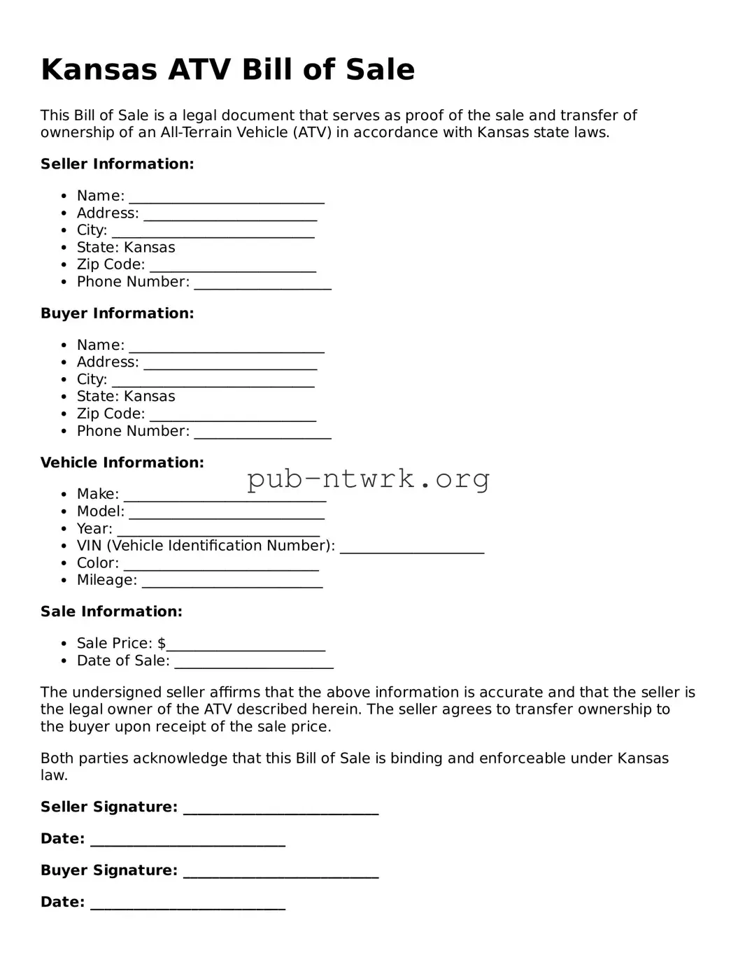 Free Kansas ATV Bill of Sale Form