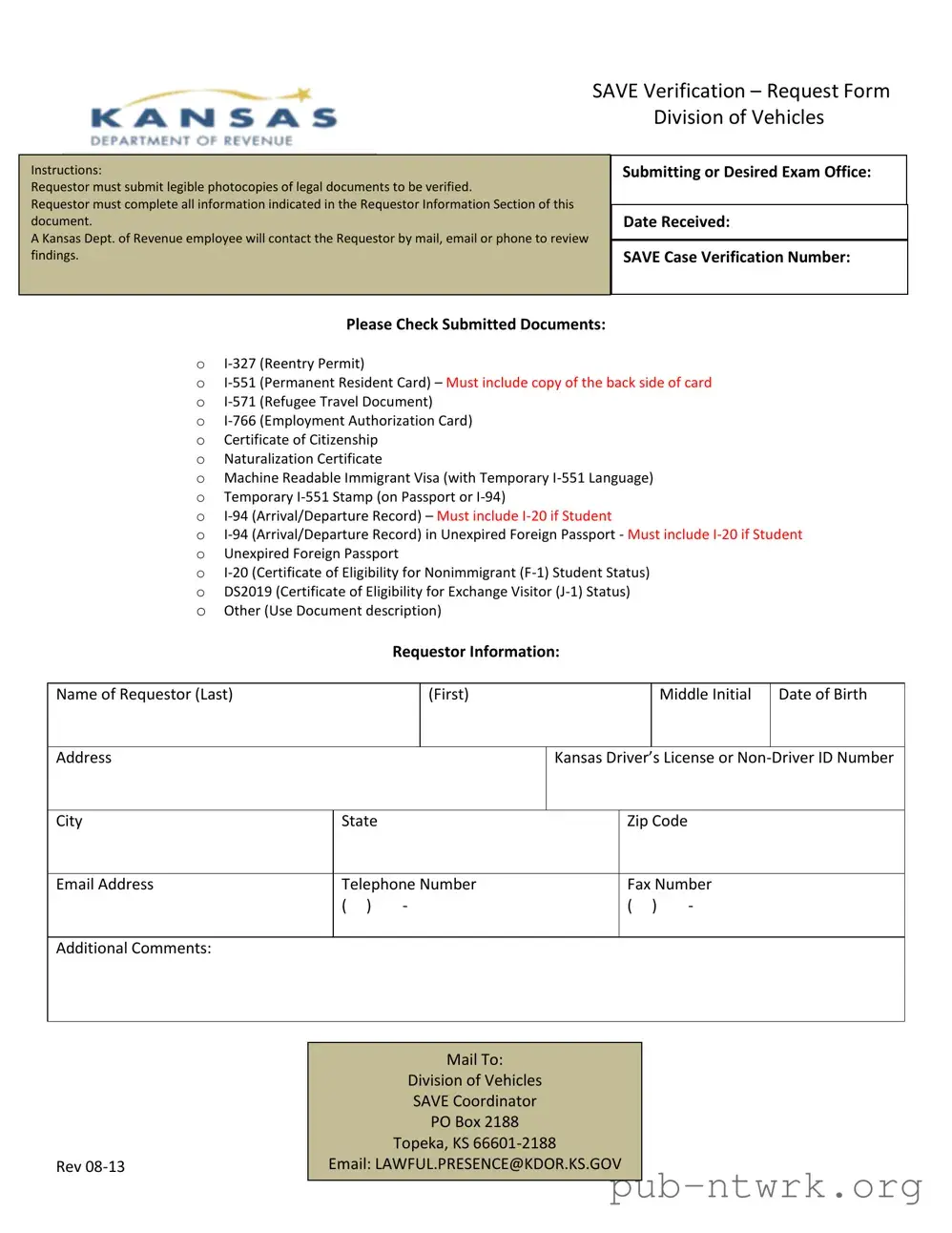 Blank Save Verification Kansas PDF Form
