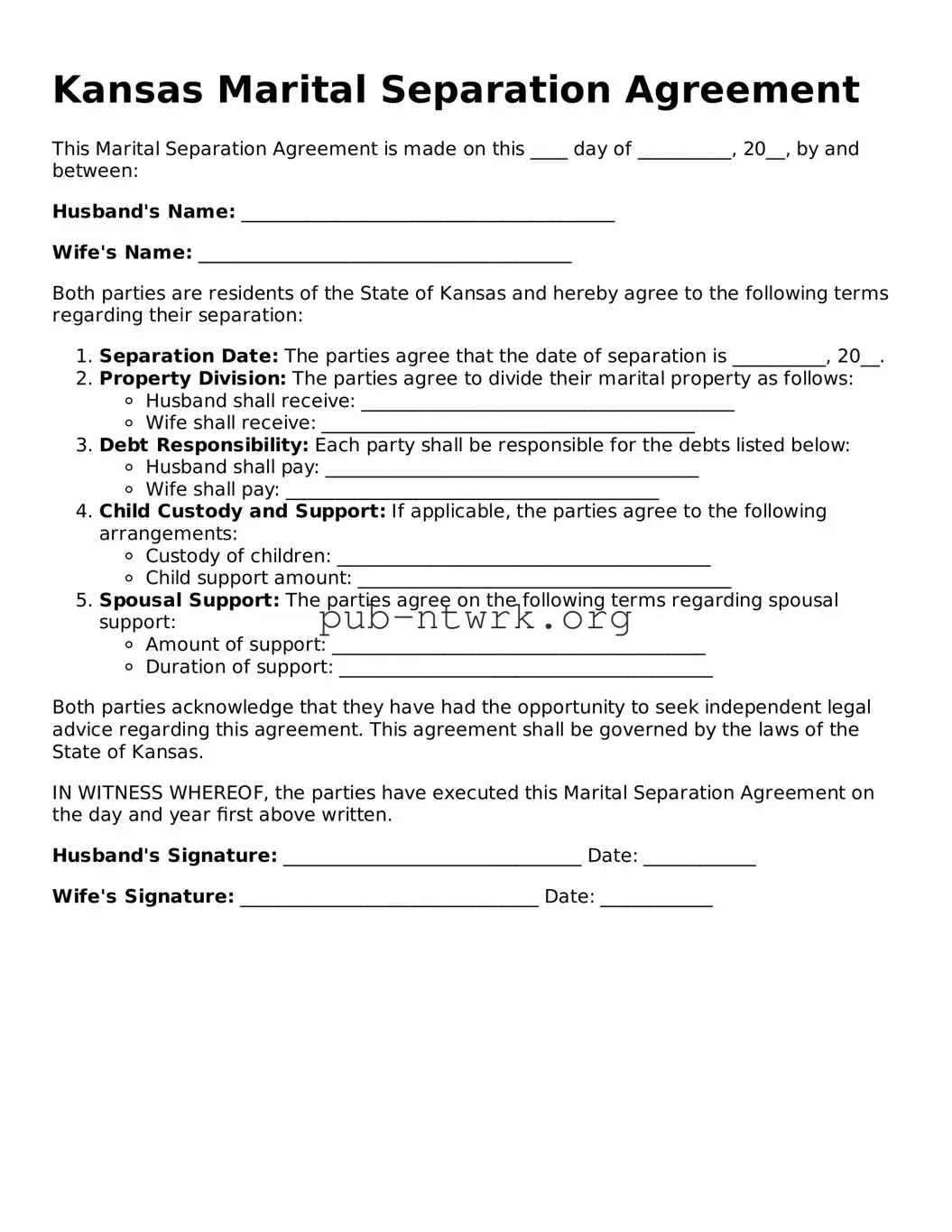 Free Kansas Marital Separation Agreement Form
