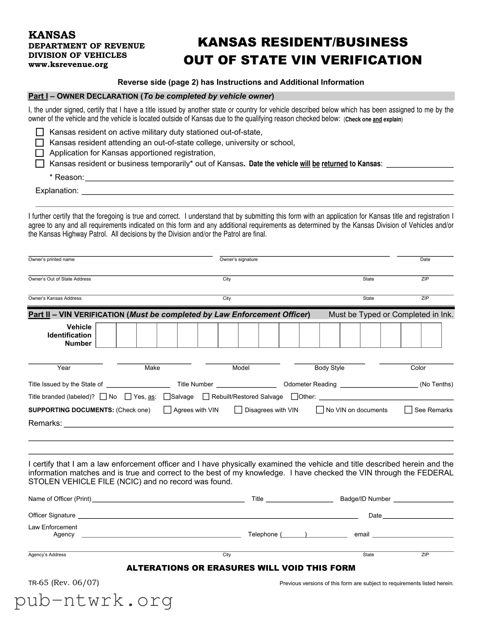 Blank Kansas Tr 65 PDF Form