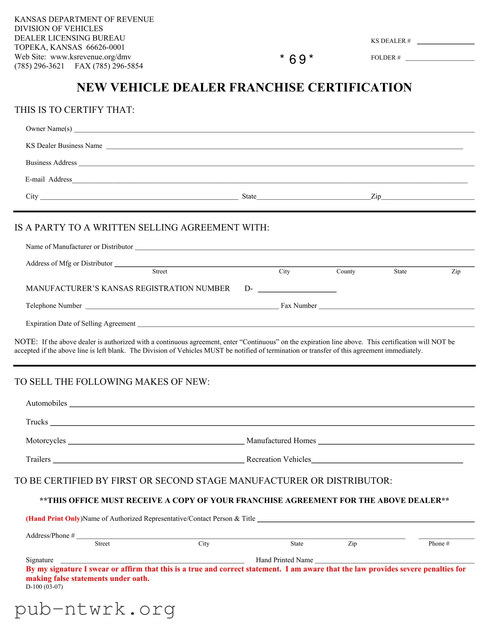 Blank Kansas D 100 PDF Form