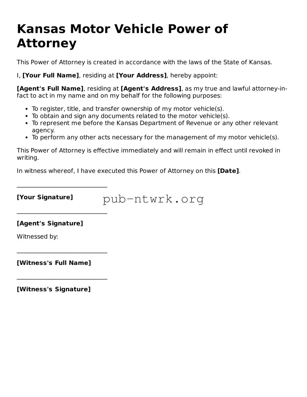 Free Kansas Motor Vehicle Power of Attorney Form