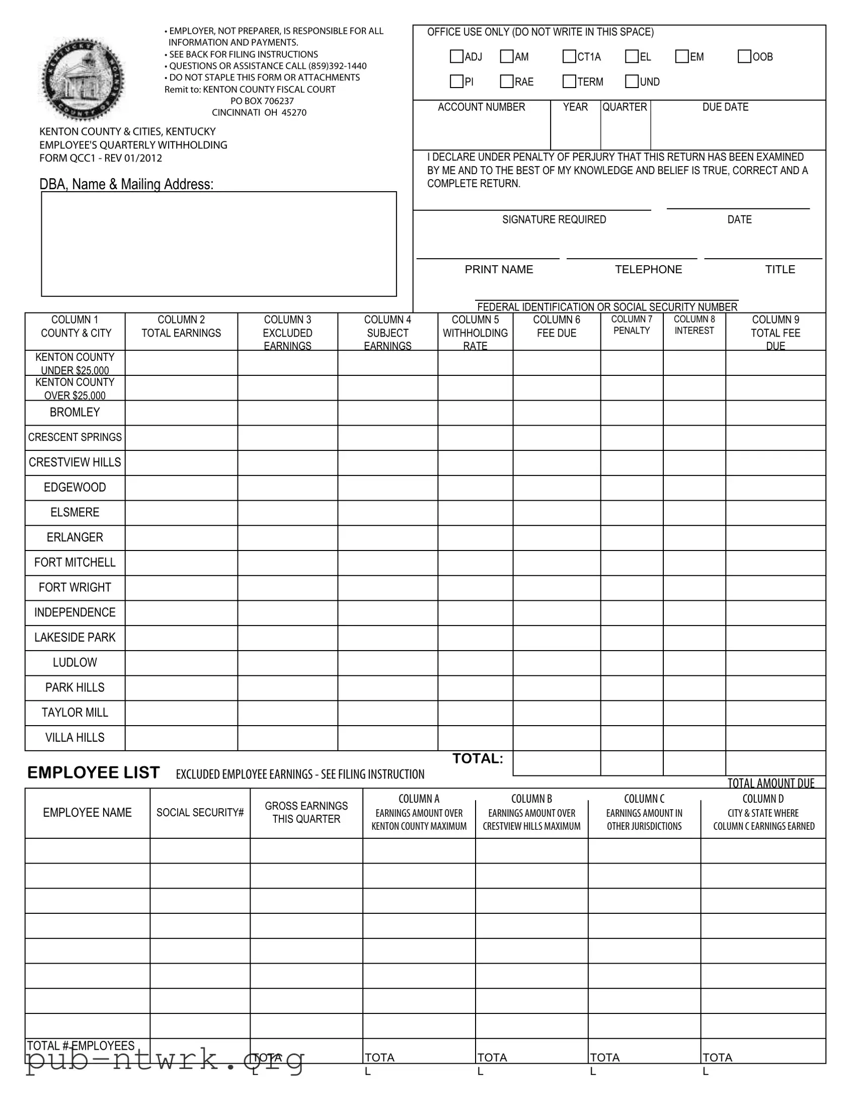 Blank Kentucky Qcc1 PDF Form