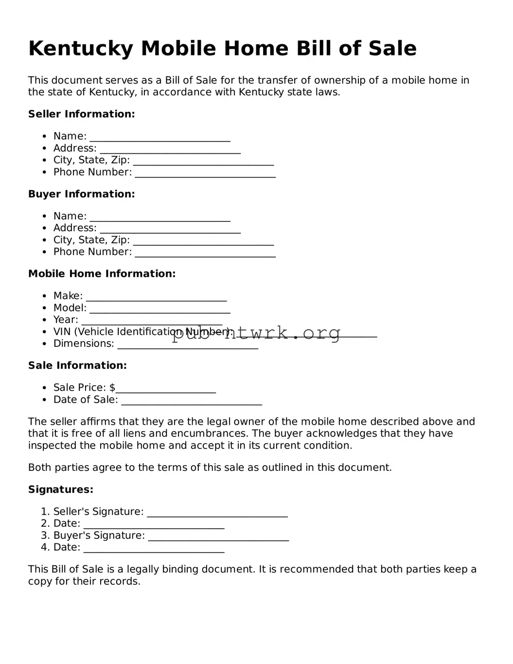 Free Kentucky Mobile Home Bill of Sale Form