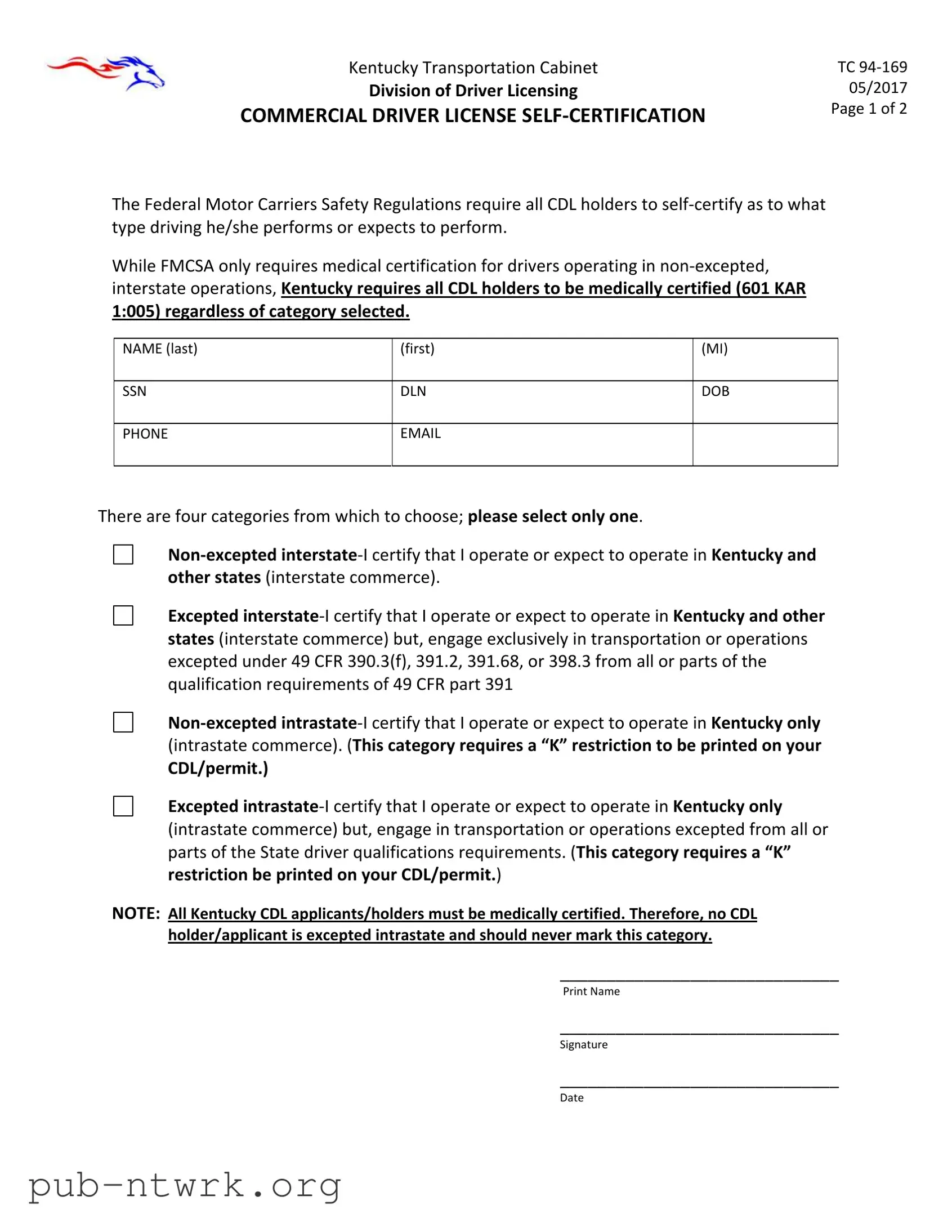 Blank Kentucky Cdl Self Certification PDF Form