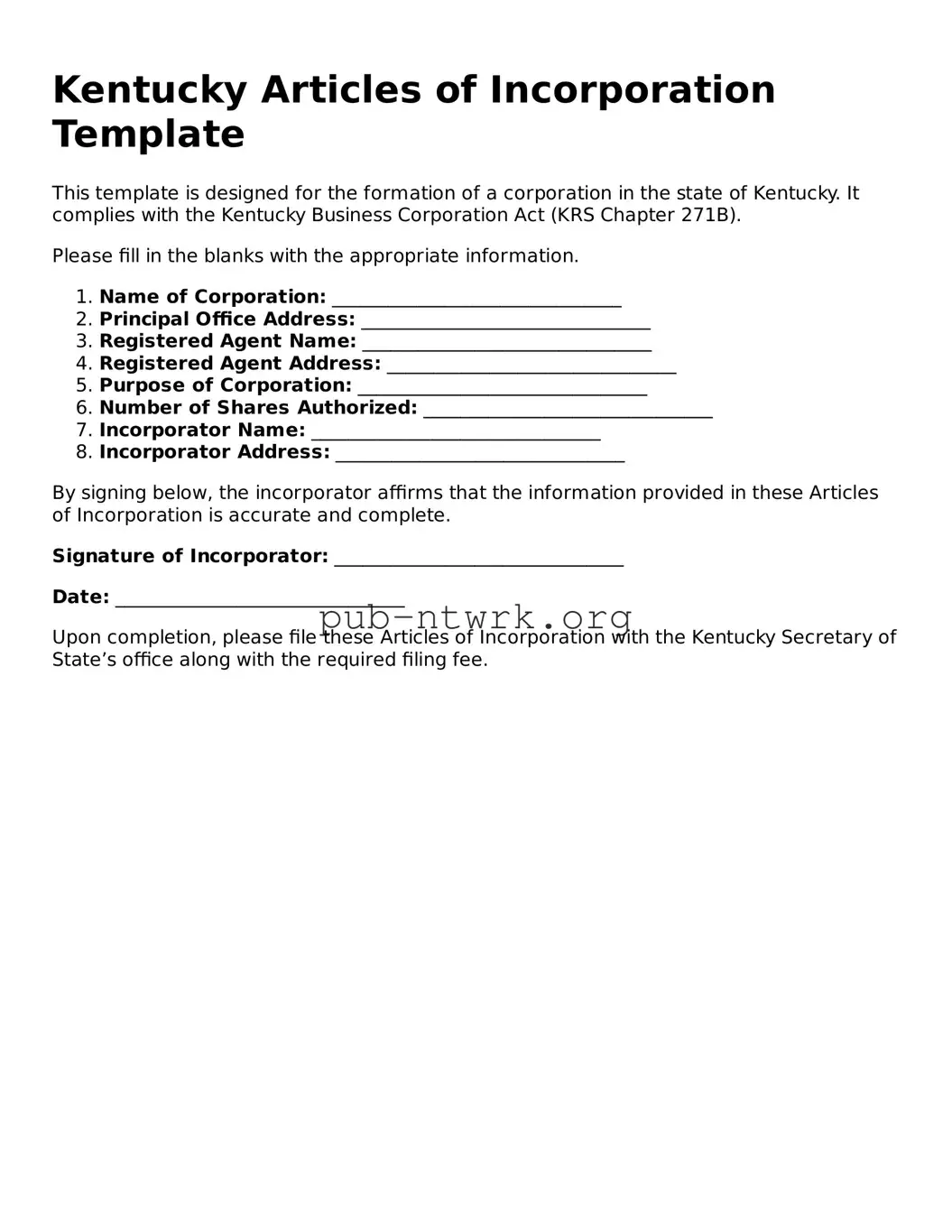 Free Kentucky Articles of Incorporation Form