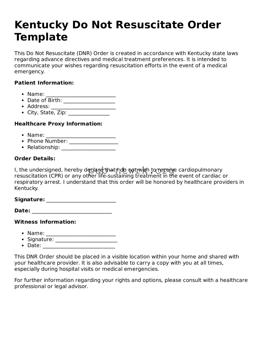 Free Kentucky Do Not Resuscitate Order Form