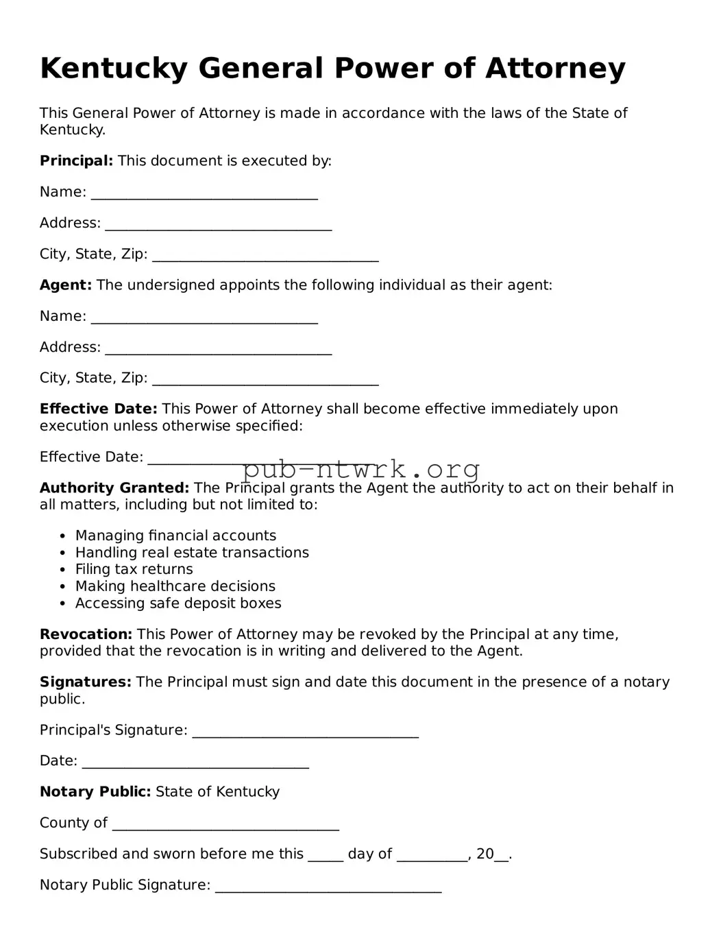 Free Kentucky General Power of Attorney Form