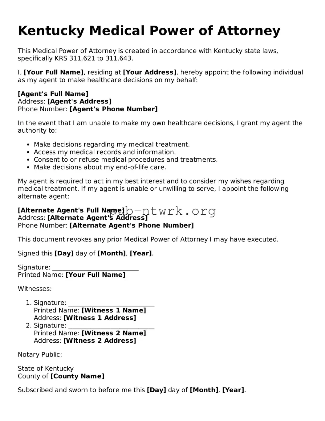 Free Kentucky Medical Power of Attorney Form