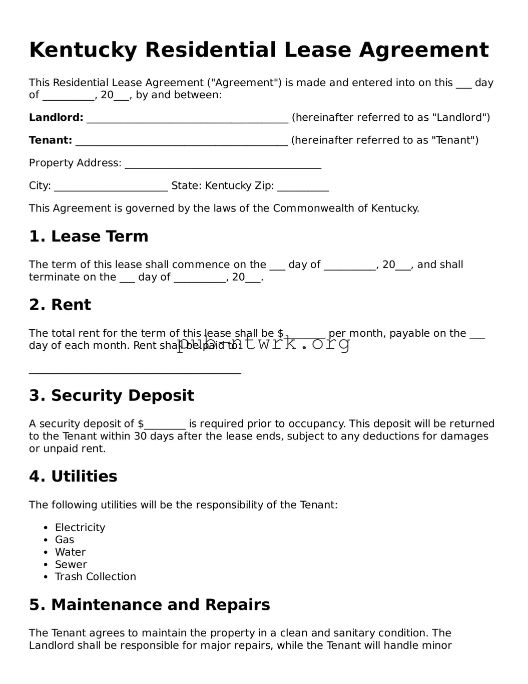 Free Kentucky Residential Lease Agreement Form