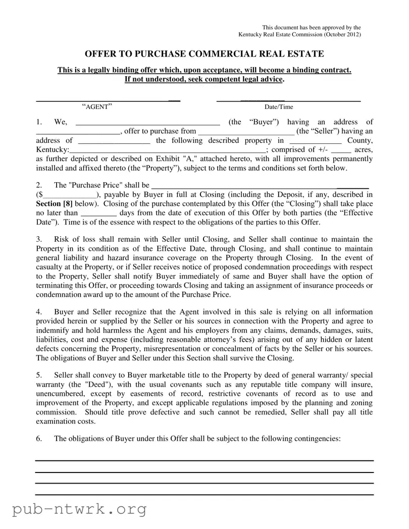 Blank Home Sale Contract Kentucky PDF Form