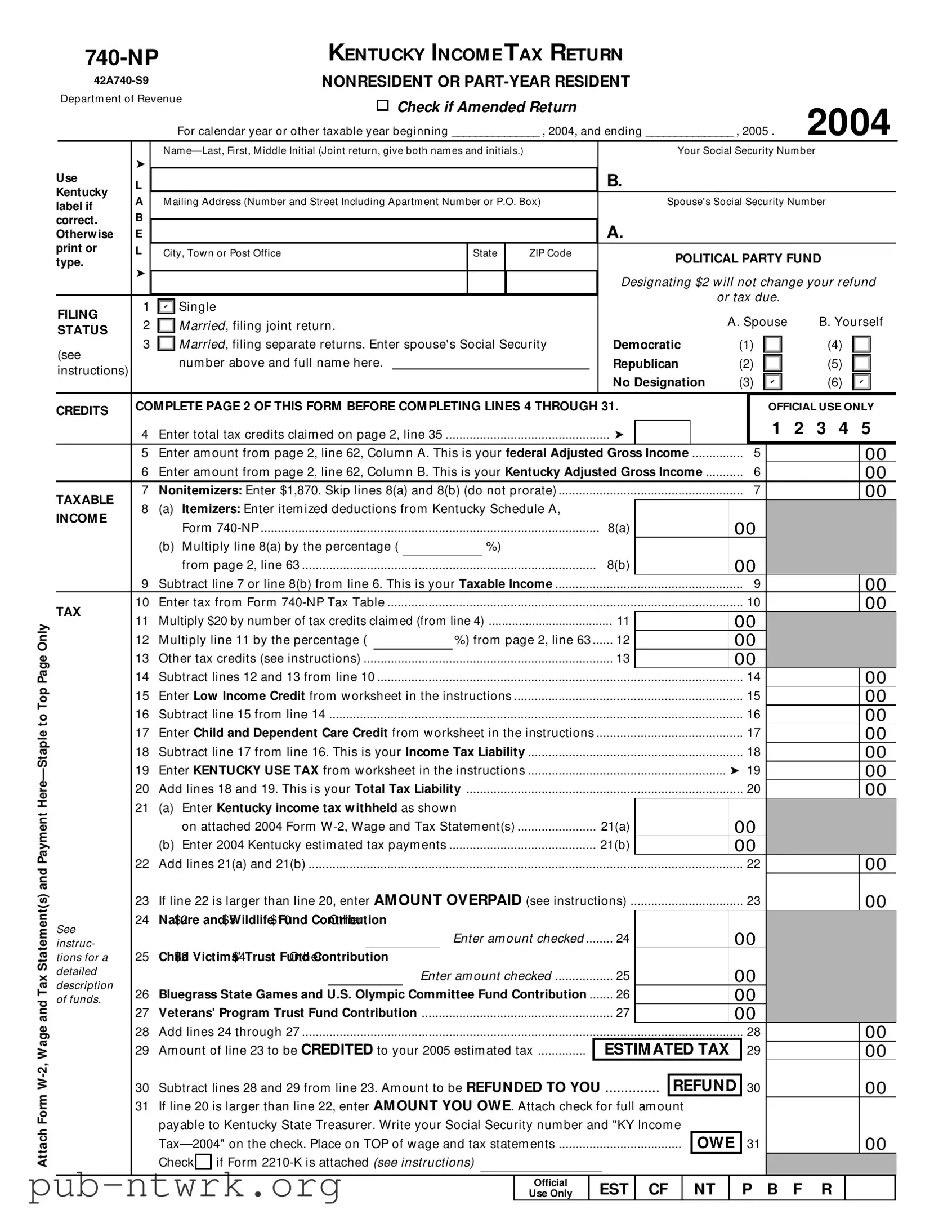 Blank Kentucky 740 Np PDF Form