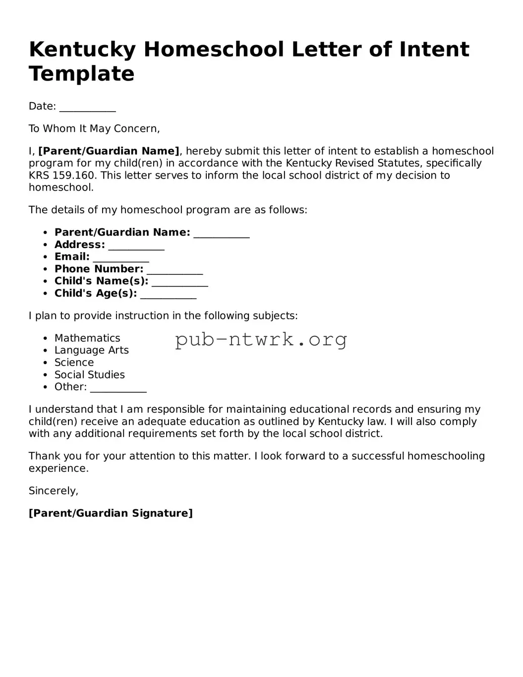 Free Kentucky Homeschool Letter of Intent Form