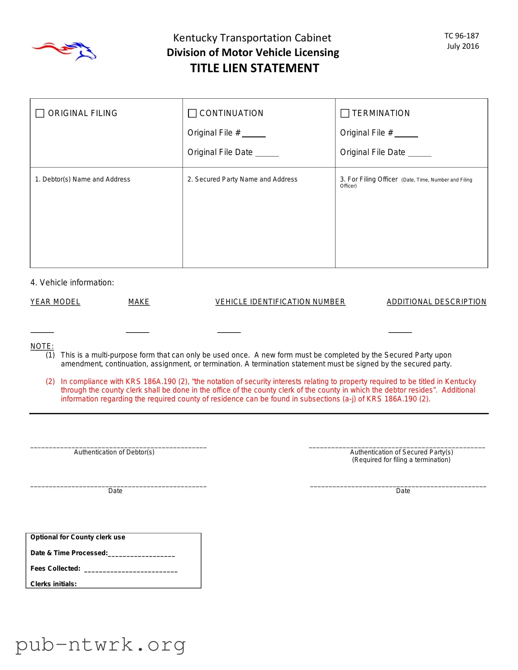 Blank Kentucky Tc 96 187 PDF Form