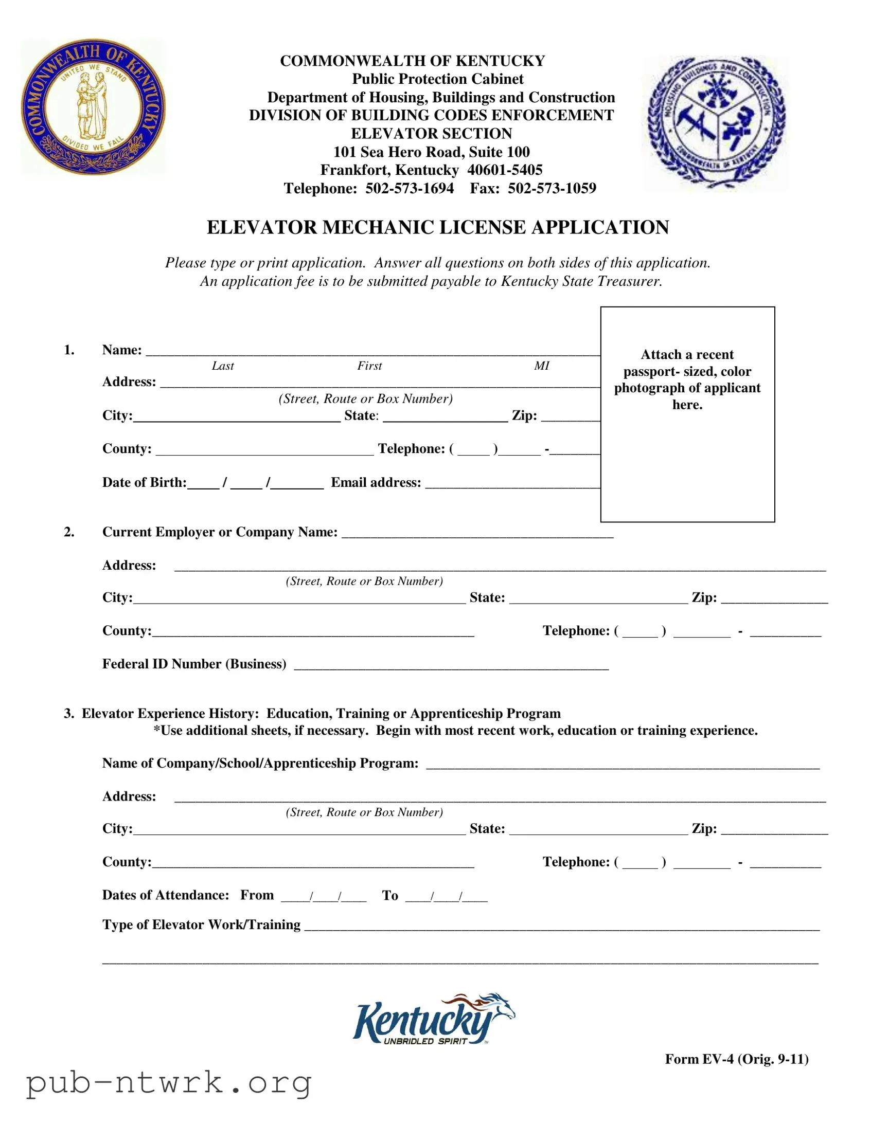 Blank Kentucky Elevator Mechanic License PDF Form