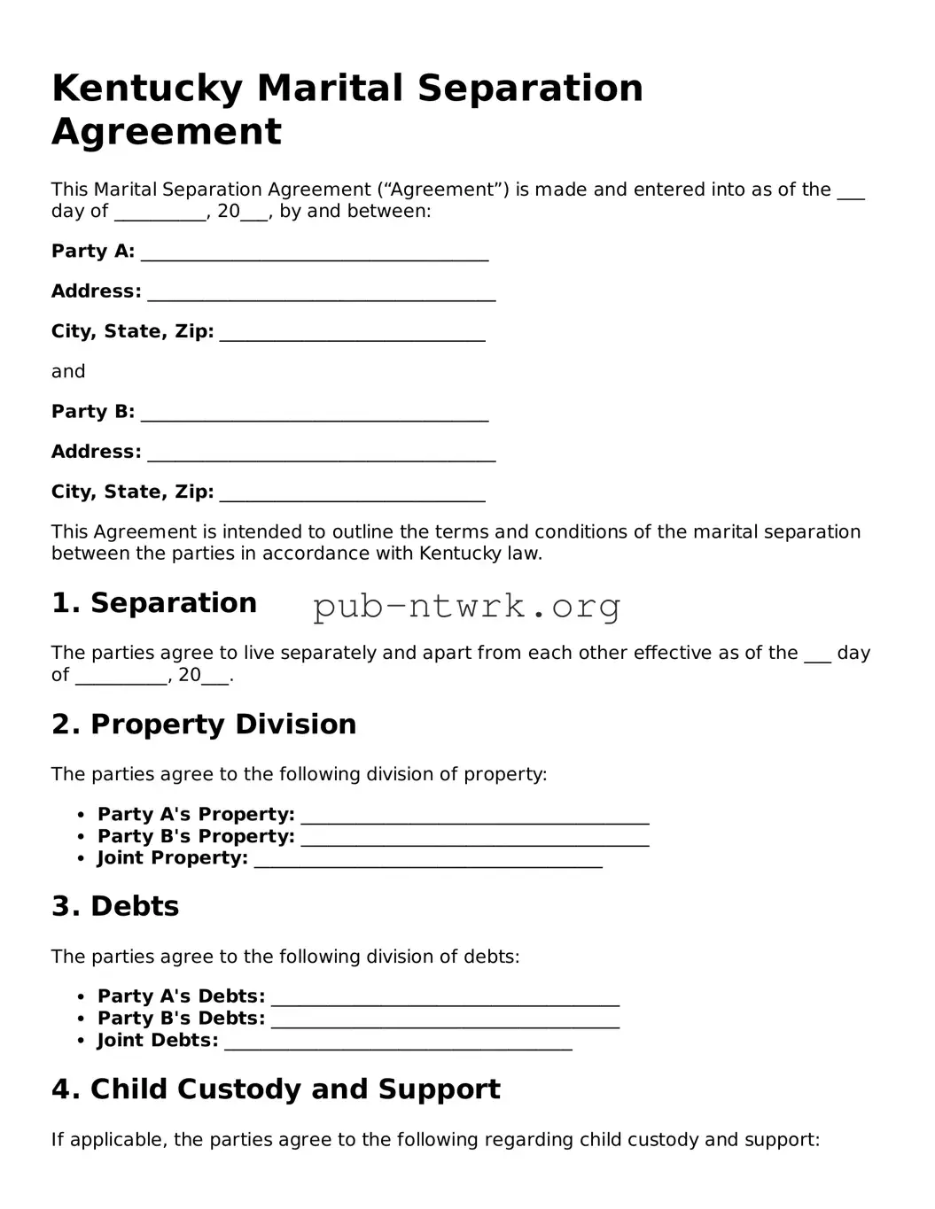 Free Kentucky Marital Separation Agreement Form