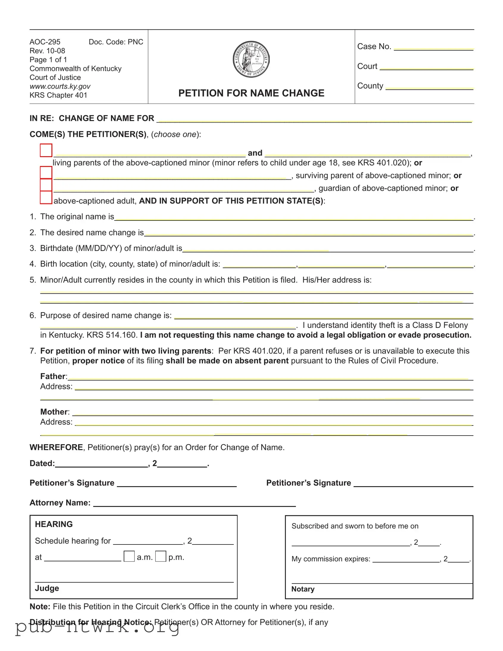 Blank Kentucky Petition Name Change PDF Form