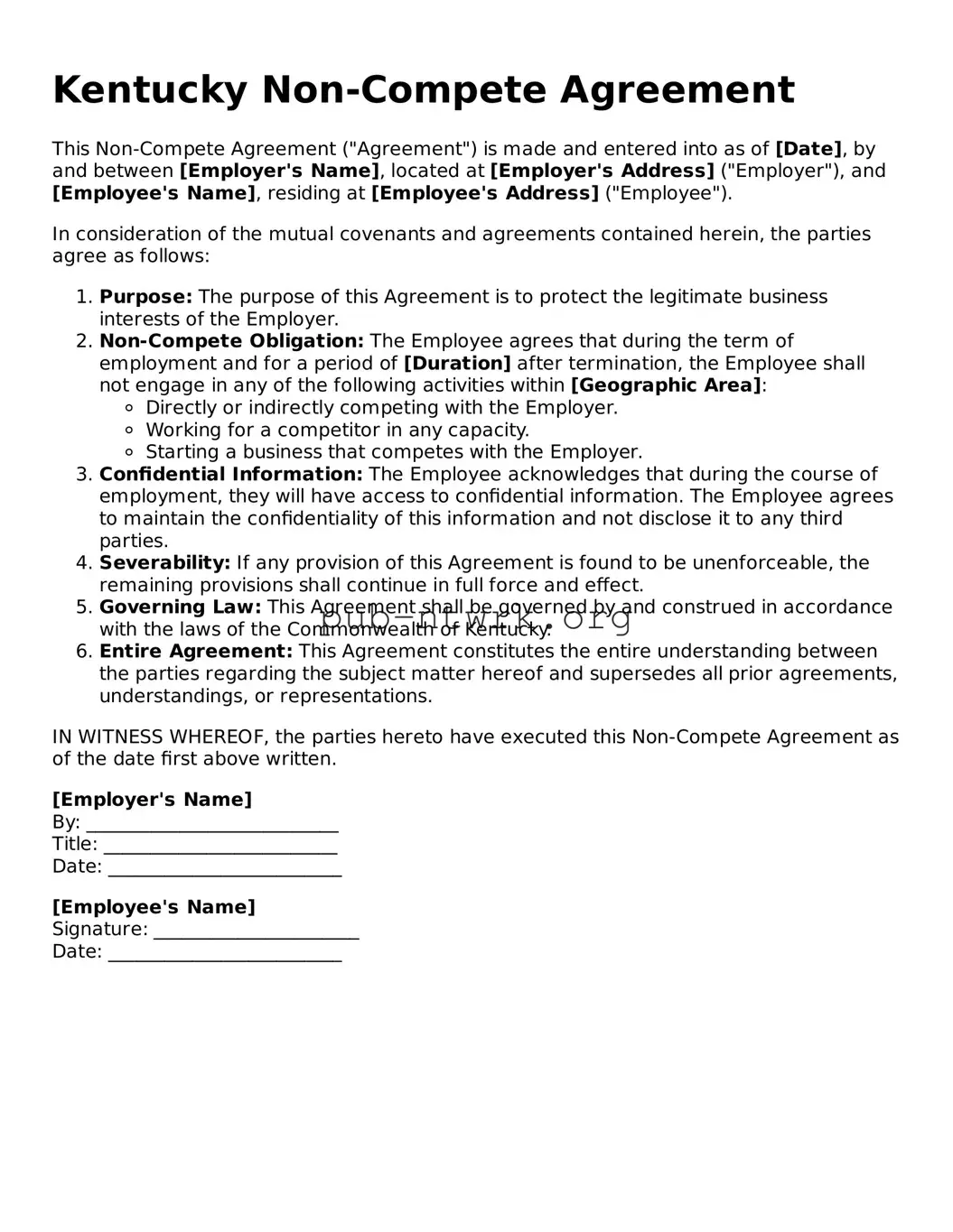 Free Kentucky Non-compete Agreement Form