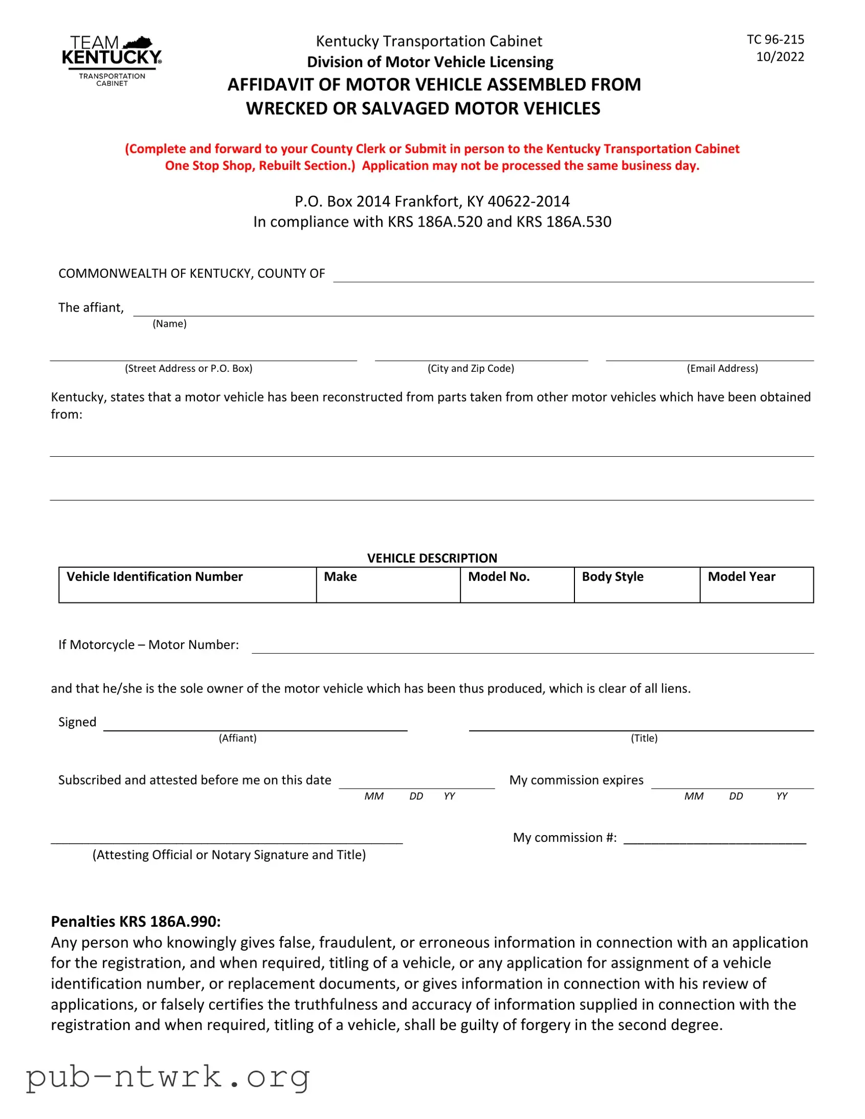 Blank Kentucky Tc 96 215 PDF Form