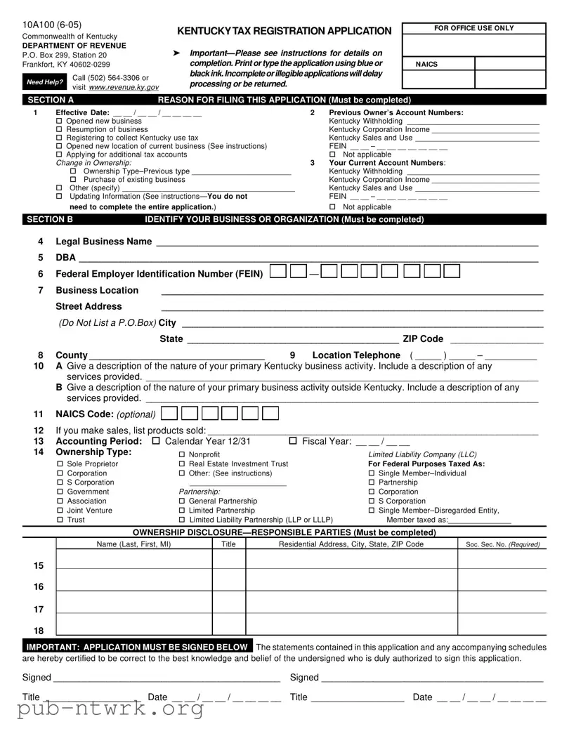 Blank 10A100 Kentucky PDF Form